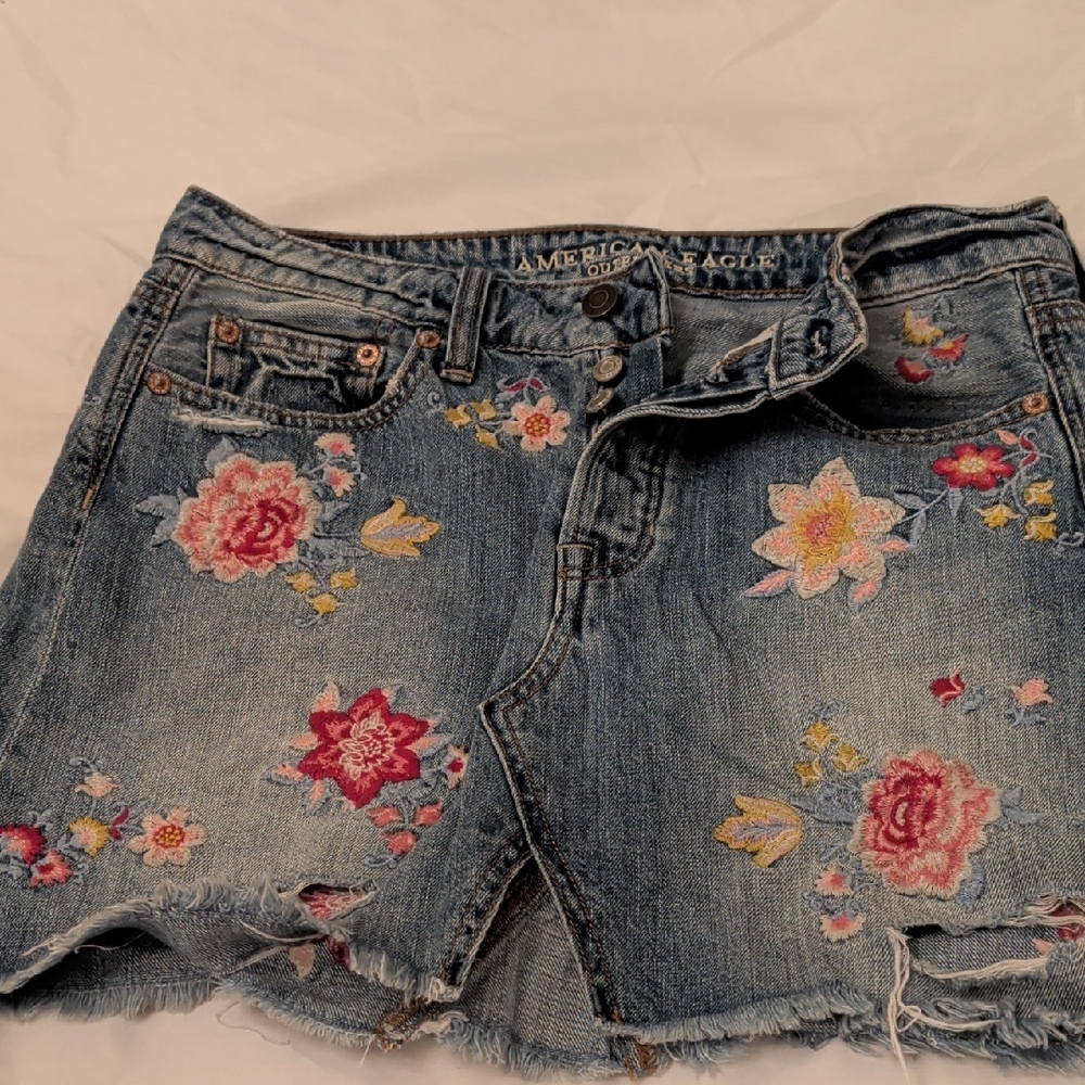 American Eagle Outfitters Floral Embroidered Jean Mini Skirt